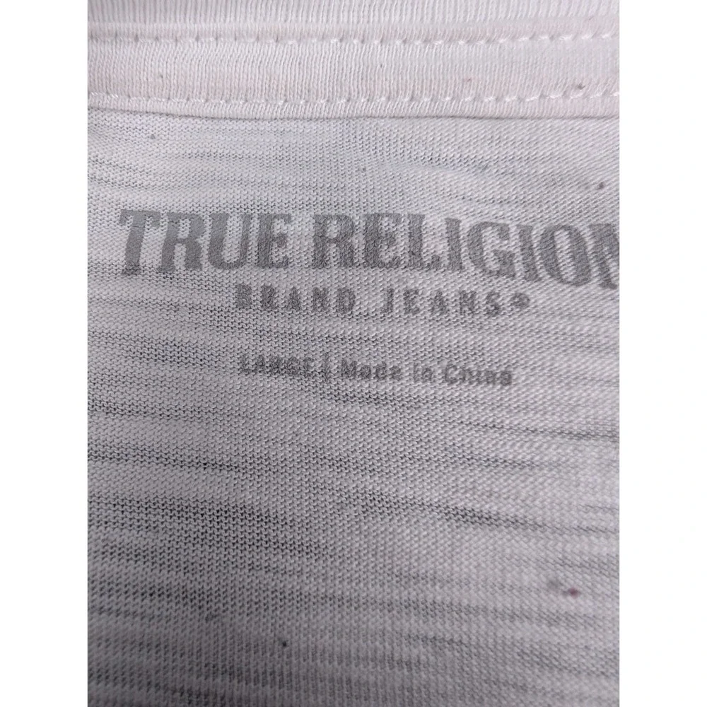 True Religion TShirt Men's L White/Tan Graphic Logo Horse Shoe Square‎